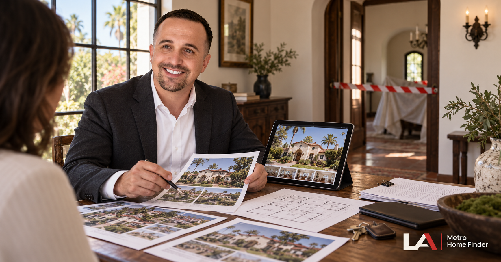 Justin Borges reviewing property photographs and records with a buyer inside a Los Angeles home with limited room access
