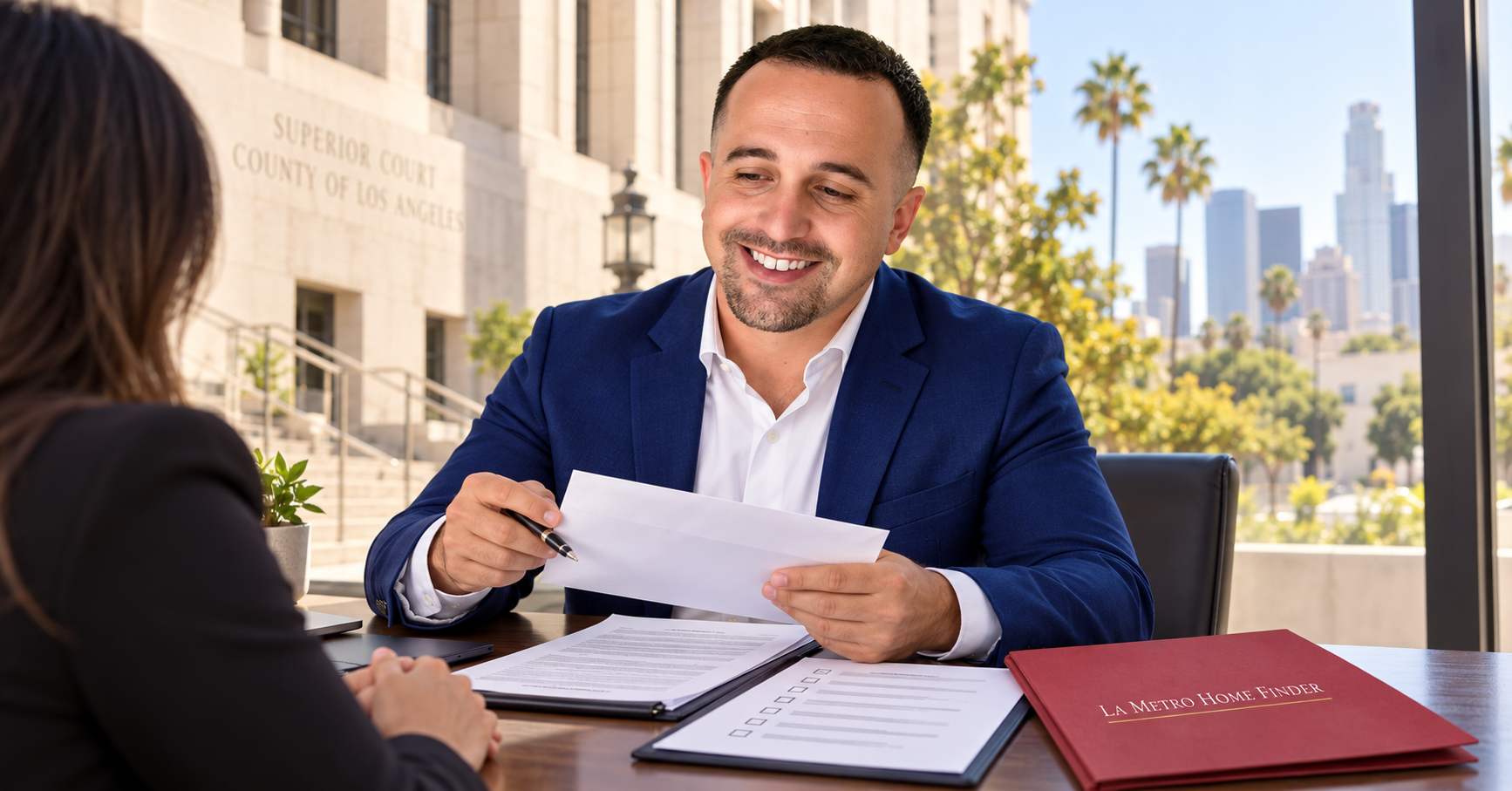 Justin Borges reviewing probate purchase, escrow, and court documents with a Los Angeles buyer