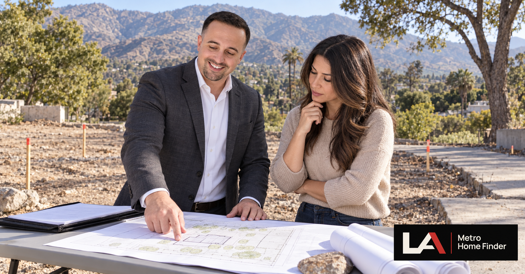 Justin Borges reviewing an Altadena fire-lot parcel plan with a buyer