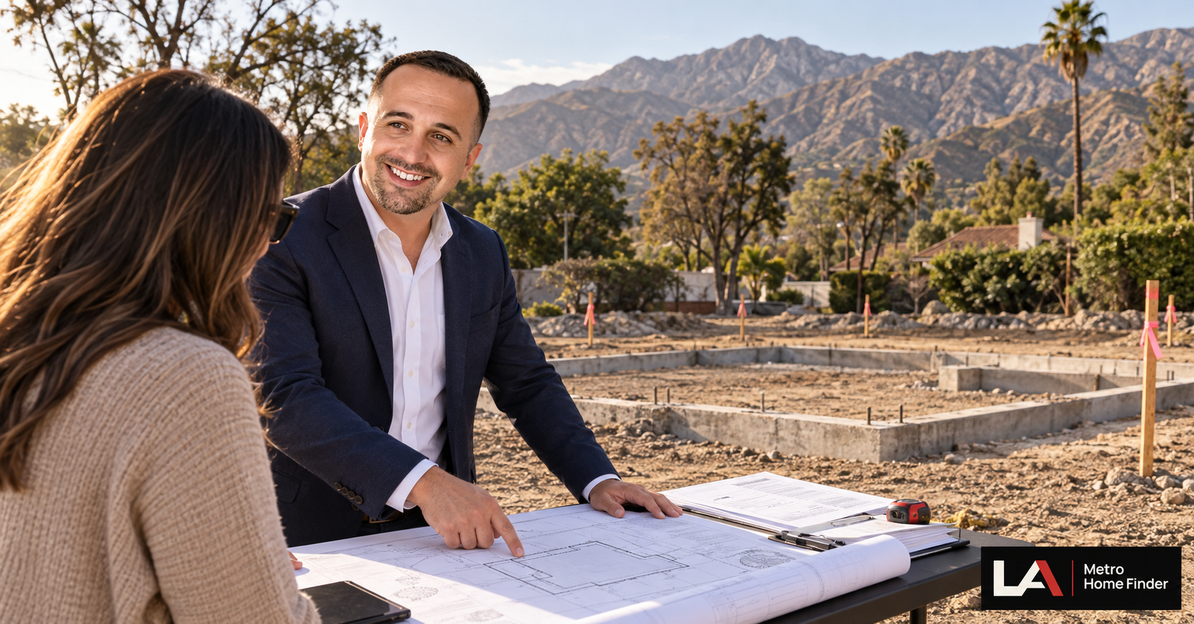 Justin Borges reviewing a site plan and former foundation footprint with an Altadena fire-lot buyer