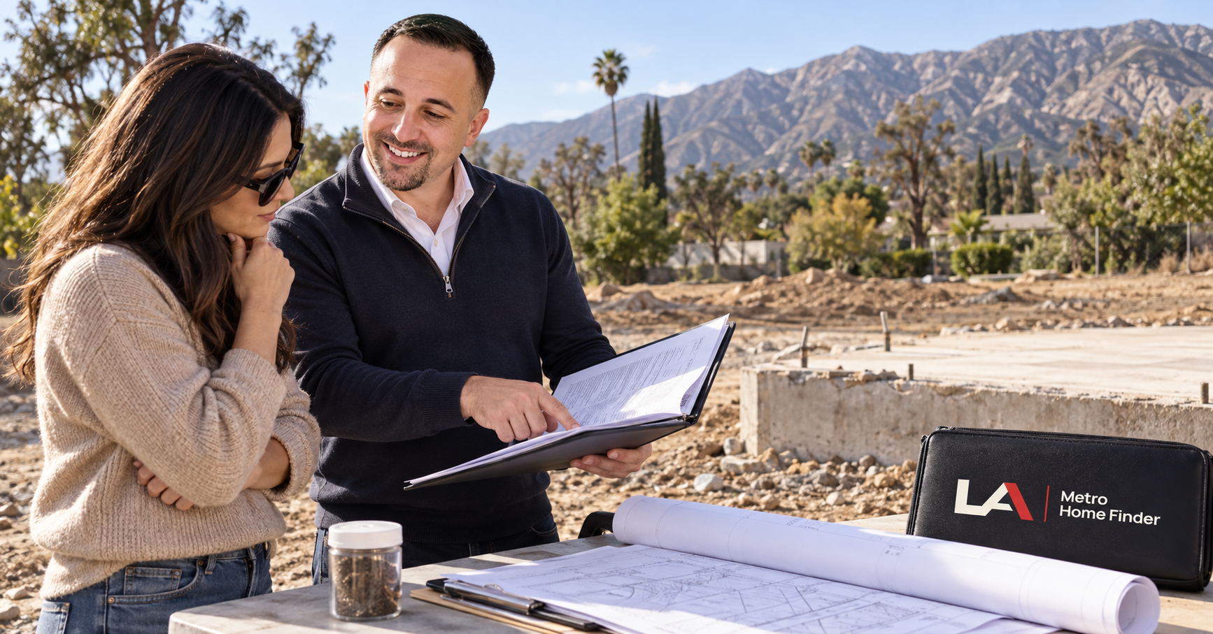 Justin Borges and an Altadena fire-lot buyer reviewing parcel records beside a retained foundation