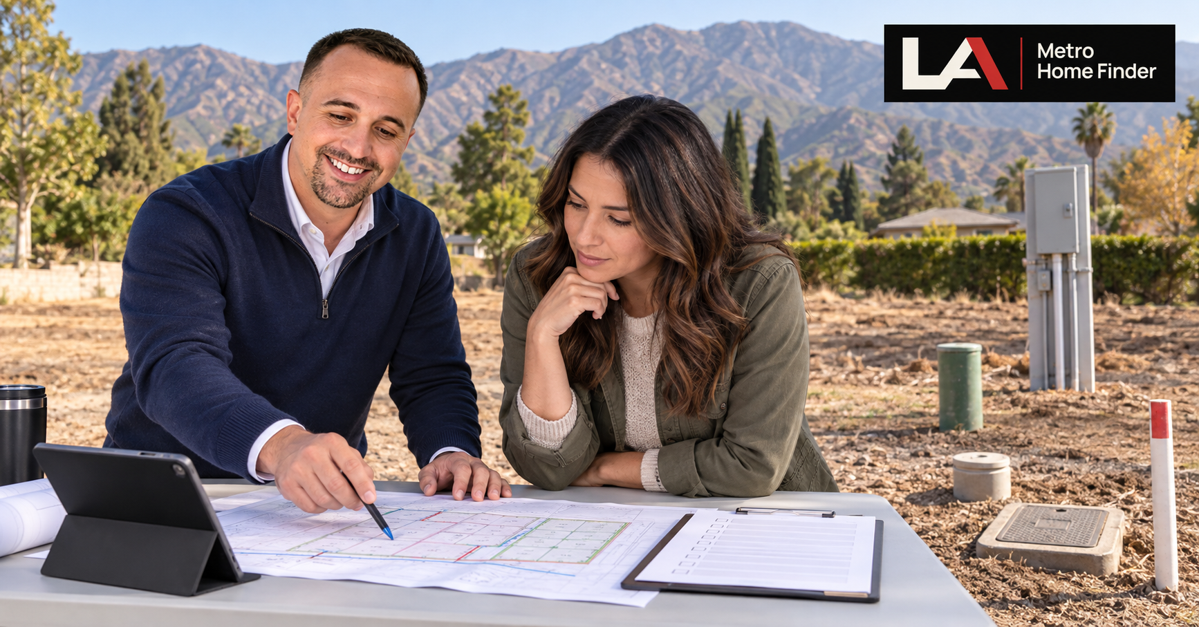 Justin Borges and an Altadena fire-lot buyer reviewing utility records at a cleared parcel