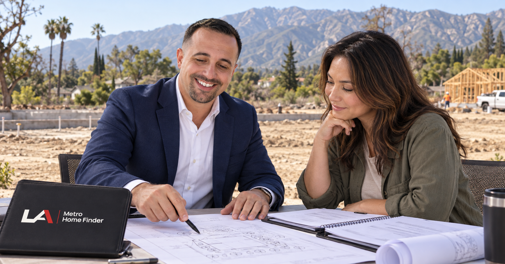 Justin Borges and an Altadena lot buyer reviewing rebuild plans and a construction budget