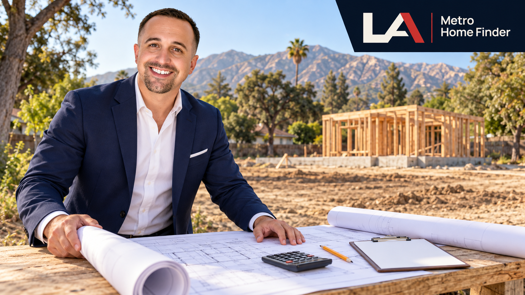Justin Borges reviewing plans and a variable budget worksheet at an illustrative Altadena rebuild site