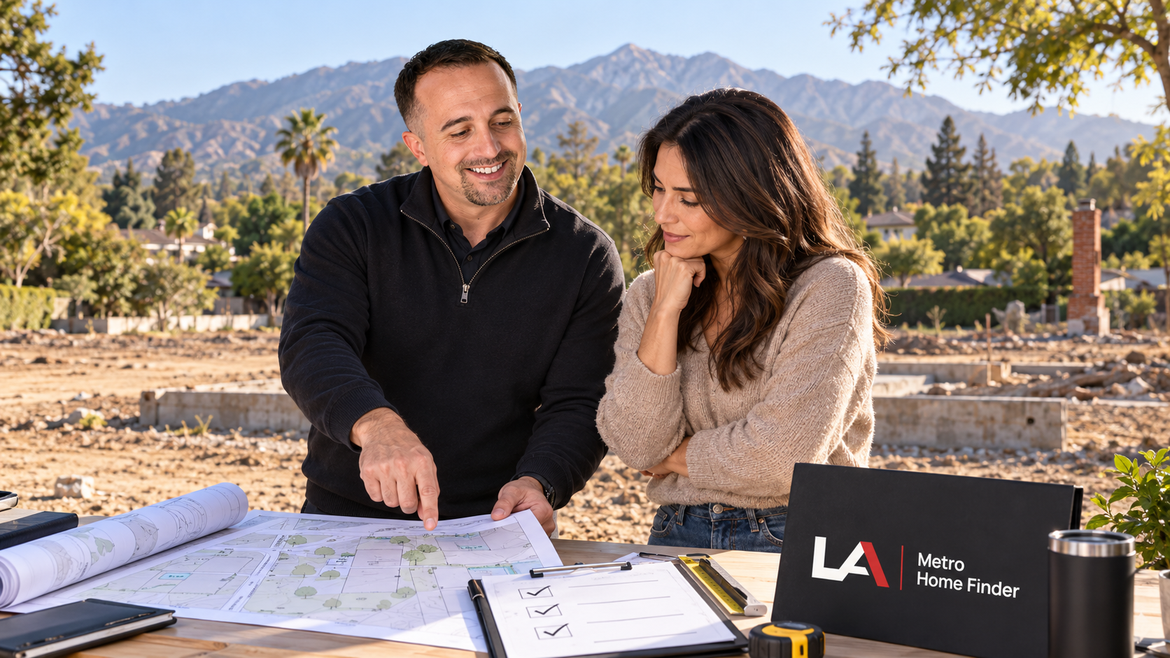 Justin Borges and an Altadena buyer reviewing a parcel map and due-diligence checklist at an illustrative fire-affected lot