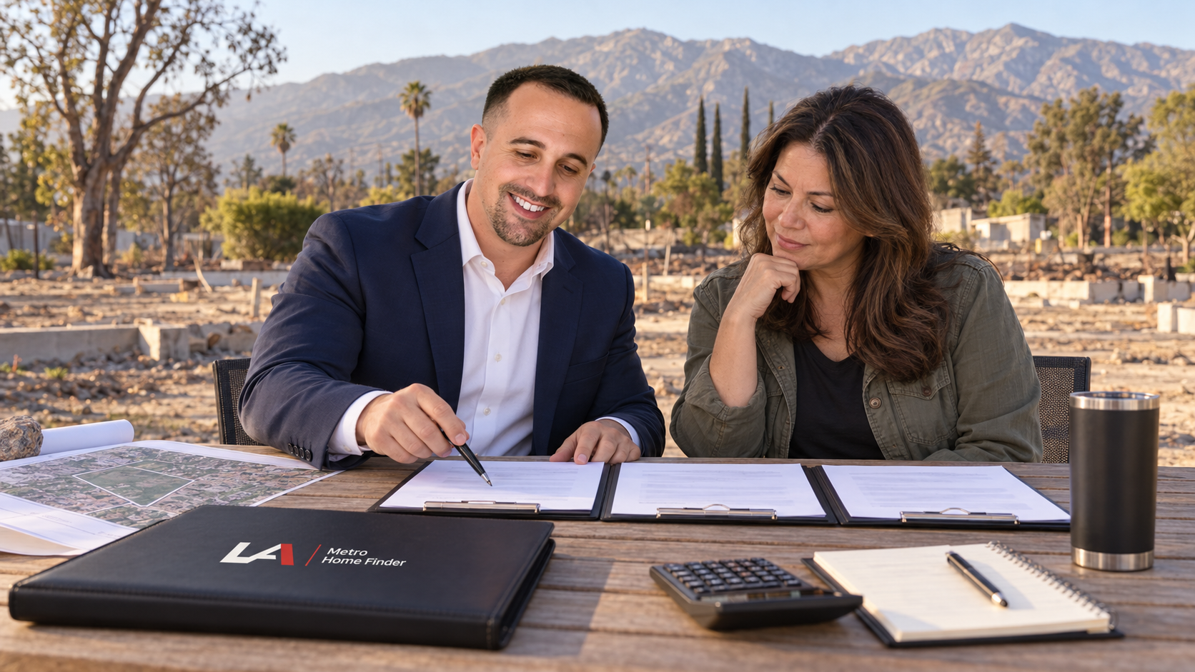 Justin Borges helping an Altadena fire-lot seller compare three written offers at the property