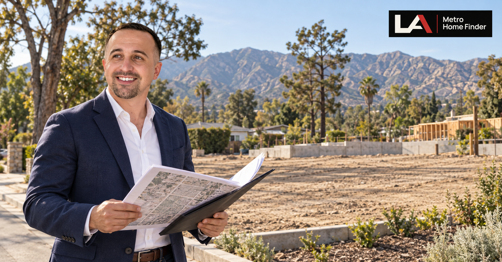 Justin Borges reviewing an Altadena fire-lot valuation file at a cleared residential parcel
