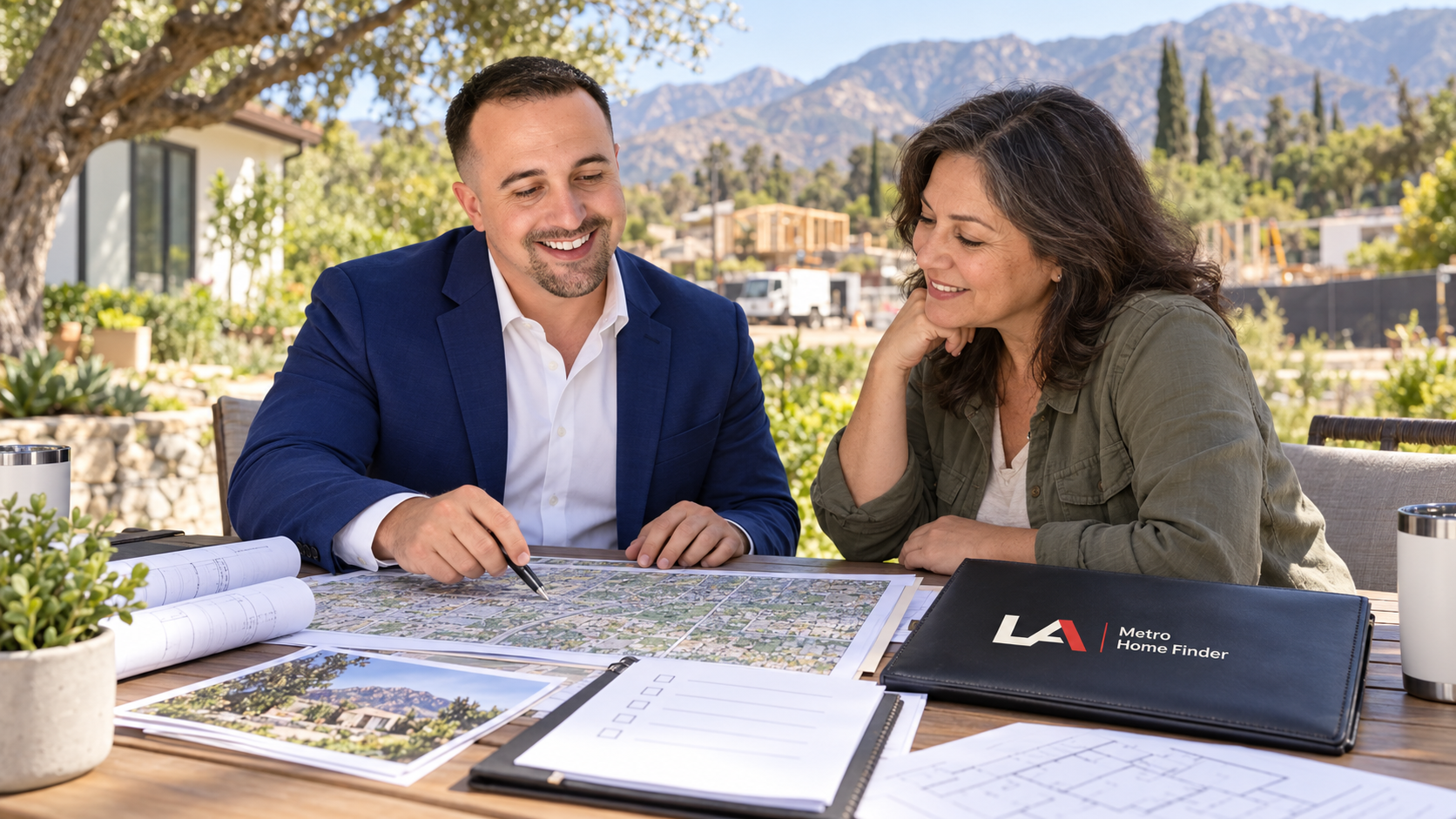 Justin Borges reviewing an Altadena recovery plan and parcel records with a homeowner