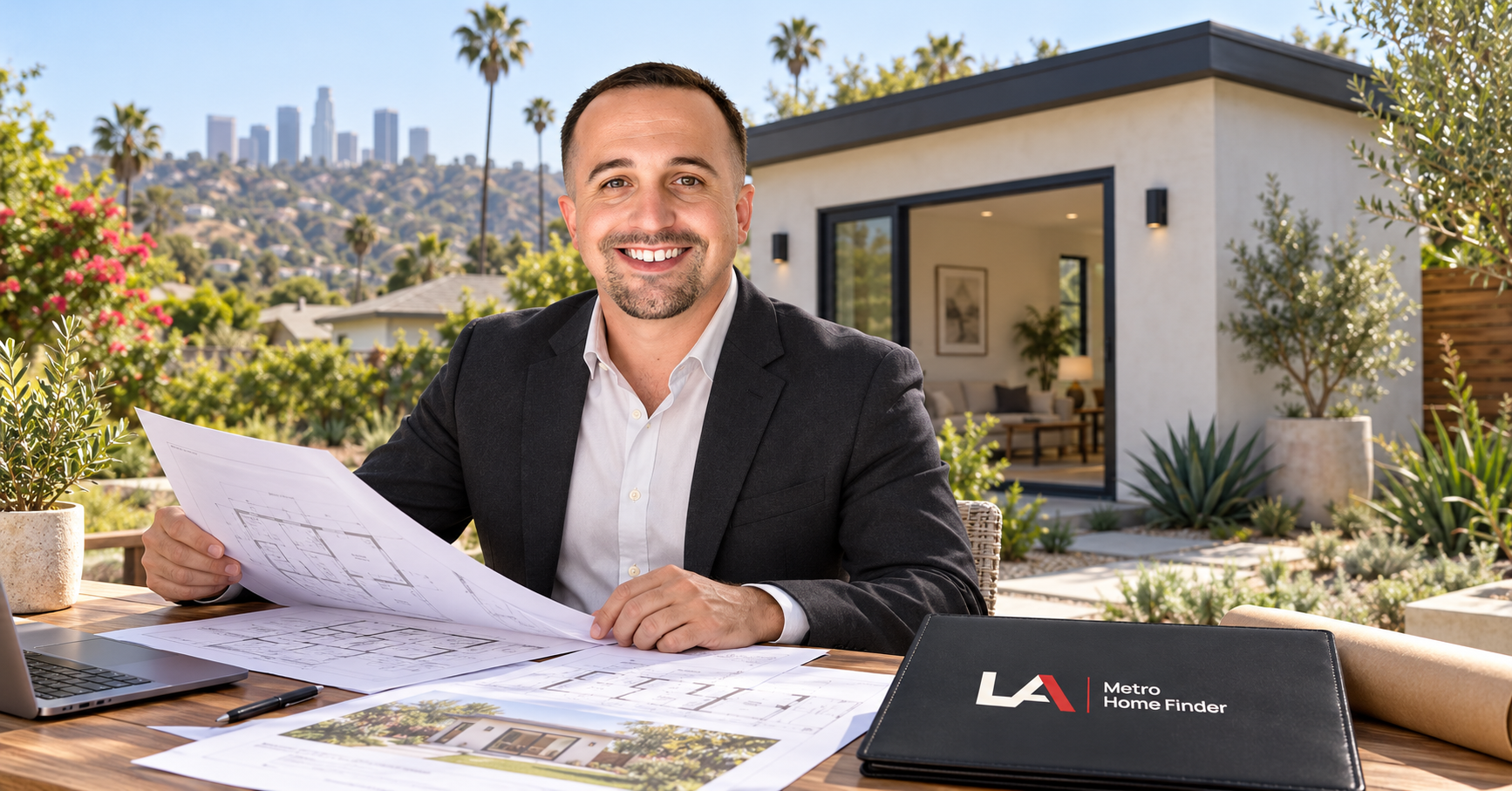 Justin Borges reviewing plans beside a detached Los Angeles accessory dwelling unit
