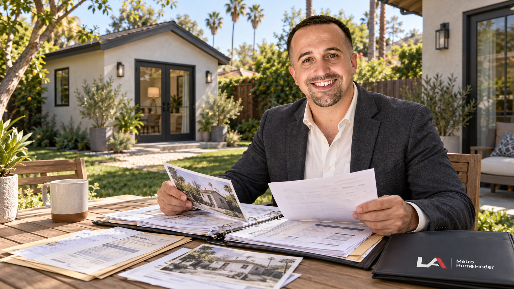 Justin Borges reviewing dated property records and photographs beside a Los Angeles backyard ADU