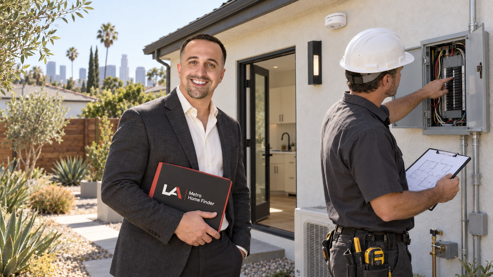 Justin Borges beside a building professional inspecting the electrical panel of a Los Angeles backyard ADU