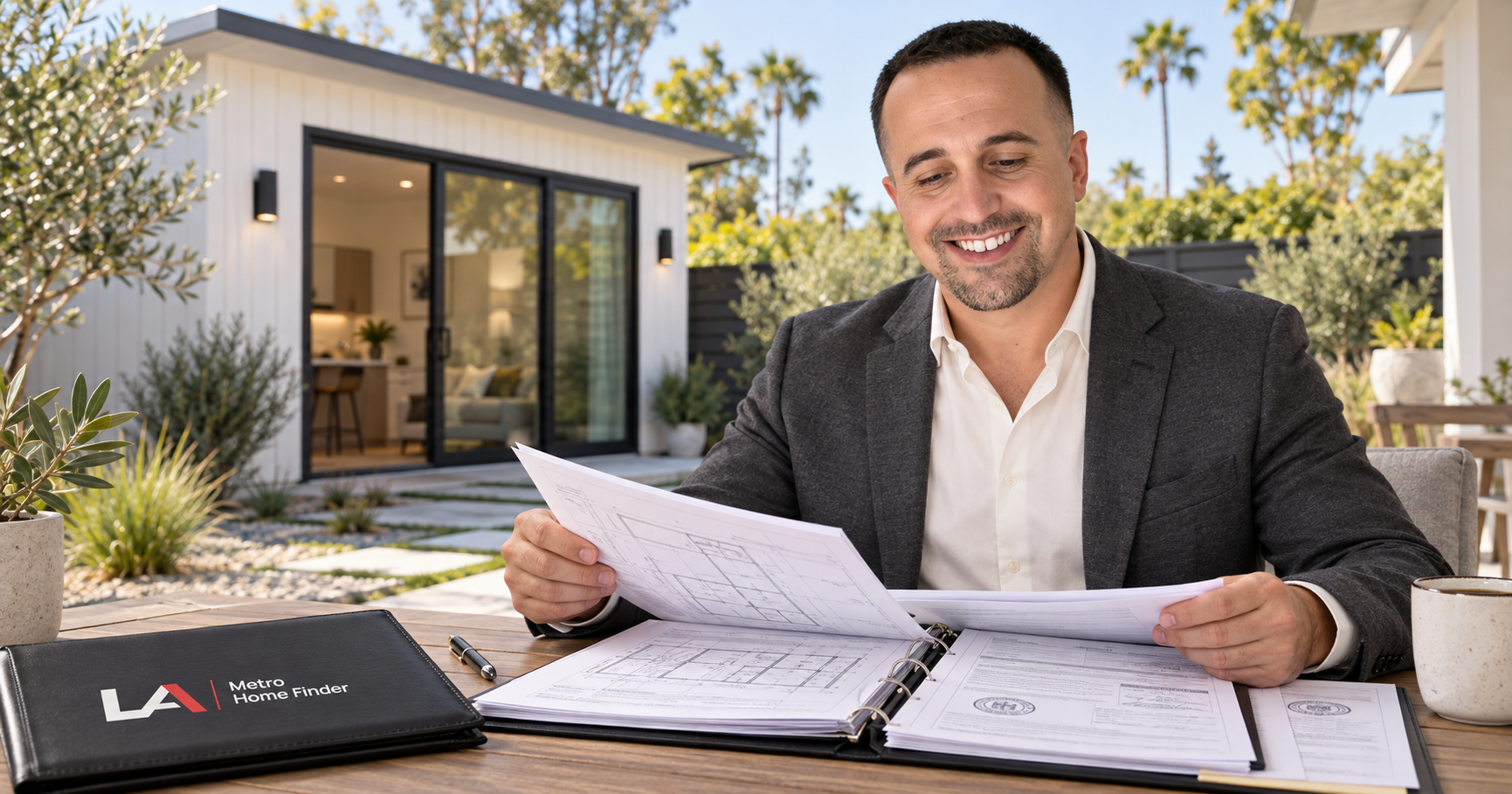 Justin Borges reviewing ADU permit plans and property records at a Los Angeles home with a detached accessory dwelling unit