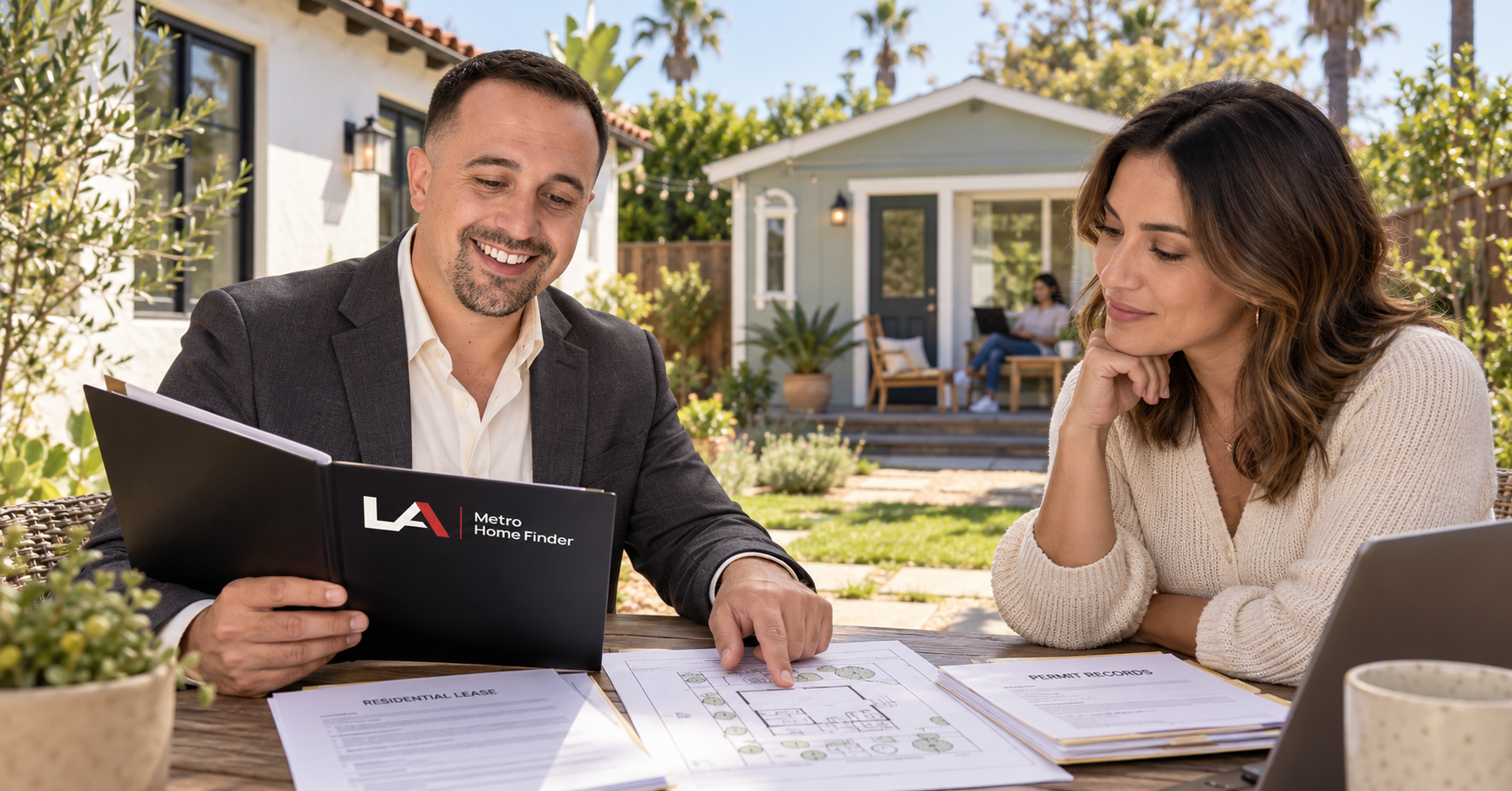 Justin Borges reviewing a lease, permit records, and site plan beside a tenant-occupied Los Angeles backyard ADU