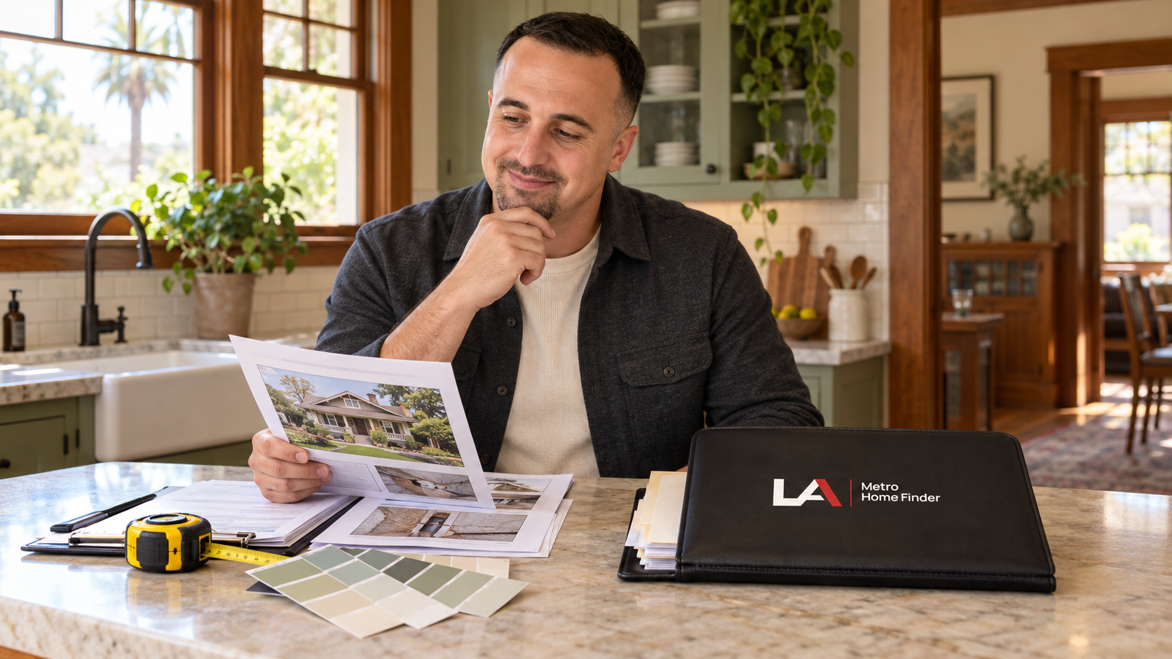 Justin Borges comparing repair estimates and an as-is sale plan inside a Pasadena Craftsman home