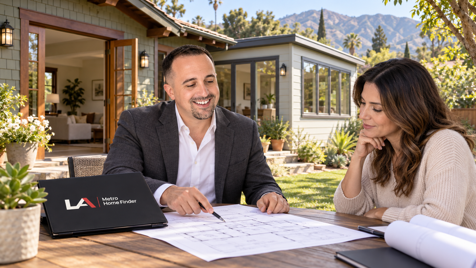 Justin Borges reviewing addition plans beside a Pasadena home with a newer rear addition
