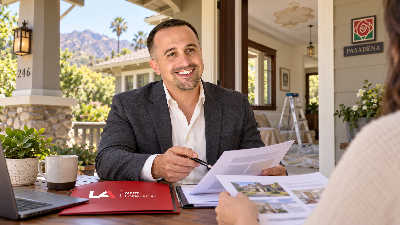 Justin Borges reviewing an insurance claim and home sale file at a Pasadena Craftsman home