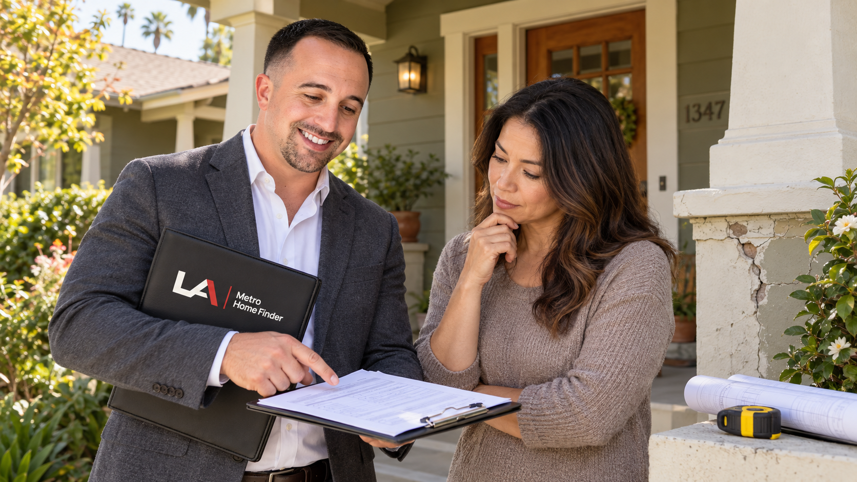 Justin Borges reviewing property documents with a Pasadena homeowner beside a Craftsman home