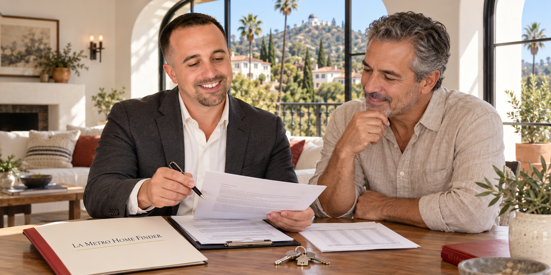 Justin Borges reviewing seller-financing documents with a Los Angeles homeowner
