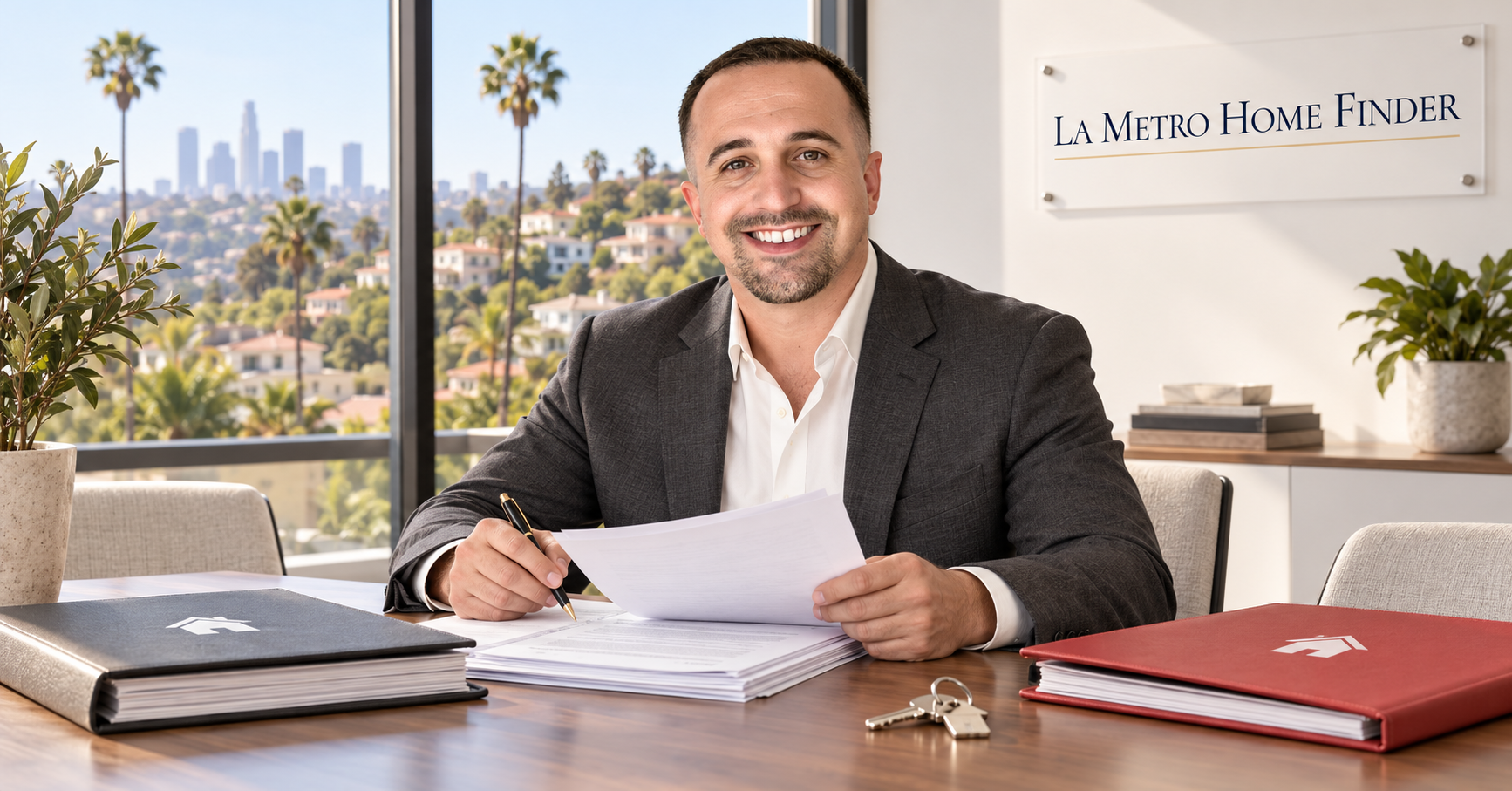 Justin Borges reviewing existing mortgage and seller-financing files in a Los Angeles escrow office