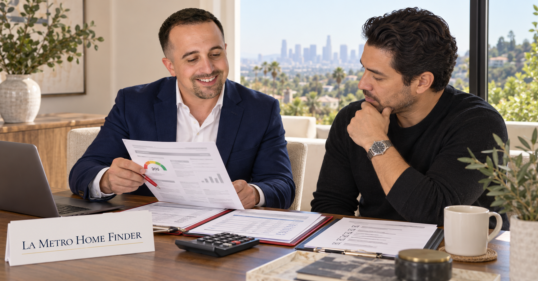 Justin Borges reviewing buyer funds, credit, and repayment documents for seller financing in Los Angeles