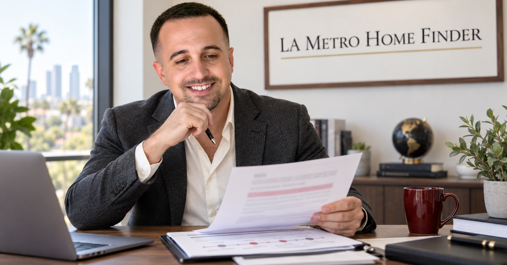 Justin Borges reviewing a seller-financing promissory note and missed-payment ledger with a Los Angeles homeowner