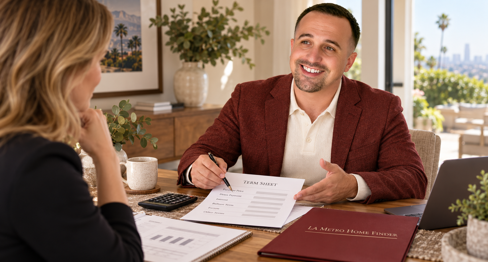 Justin Borges reviewing seller-financing terms with an illustrative Los Angeles homeowner