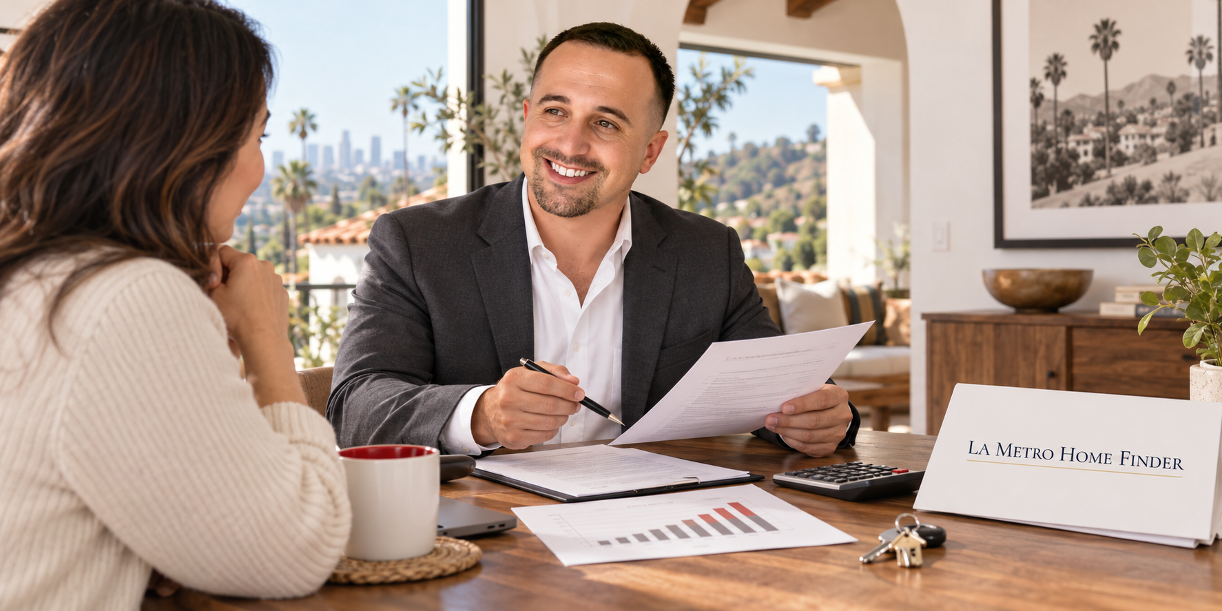 Justin Borges reviewing a seller-financing payment schedule with a California homeowner