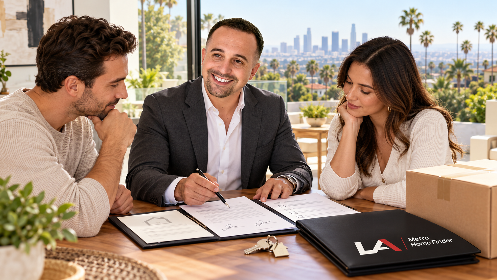 Justin Borges reviewing joint ownership and escrow documents with two illustrative Los Angeles homeowners