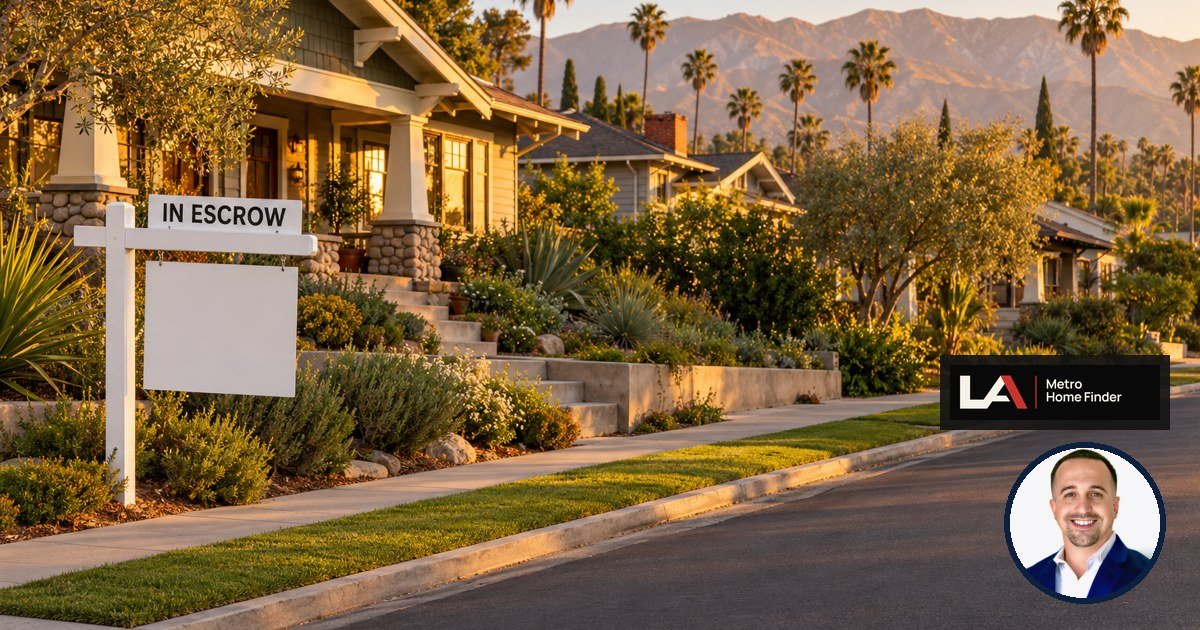 Los Angeles Craftsman home with a sold sign and escrow paperwork on the porch