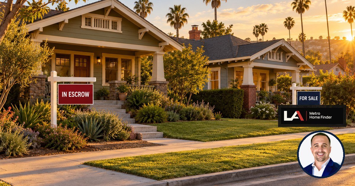 Two Los Angeles homes on a hillside street, one listed for sale