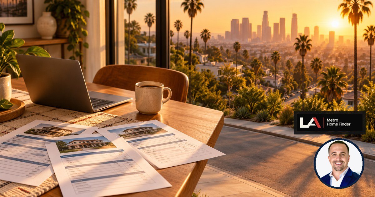 Bank loan estimates and a laptop on a Los Angeles kitchen table
