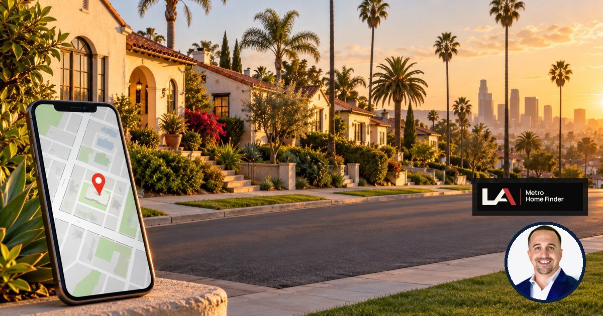 Los Angeles street with a phone map pin on one home