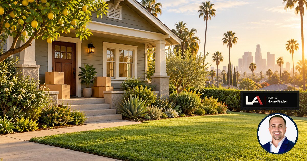 Los Angeles bungalow with moving boxes on the porch
