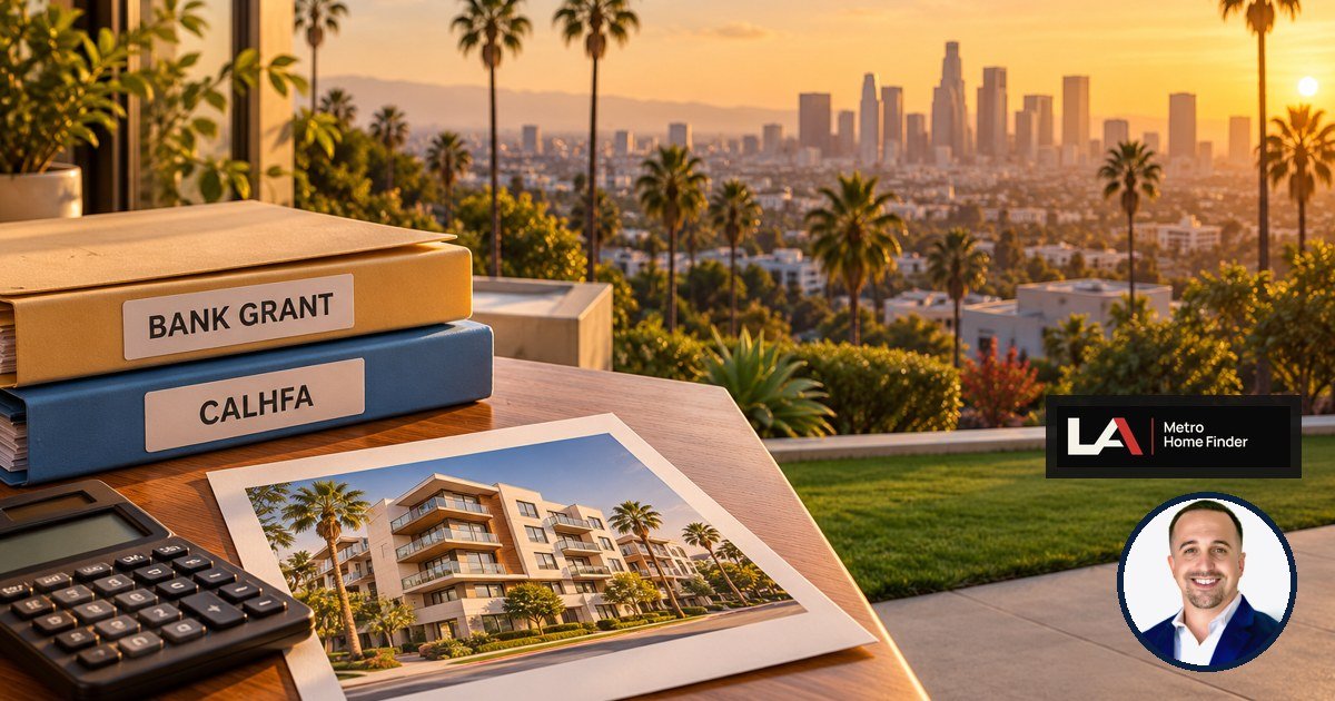 Stacked program folders and a calculator next to a Los Angeles listing