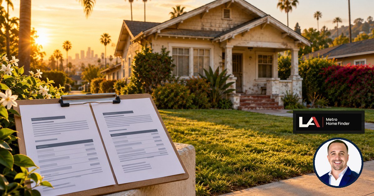 Two home offers on a clipboard in front of a Los Angeles bungalow