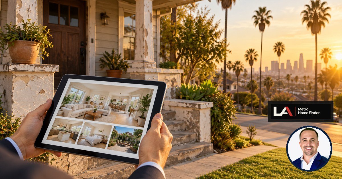 Agent reviewing an as-is listing in front of a Los Angeles home