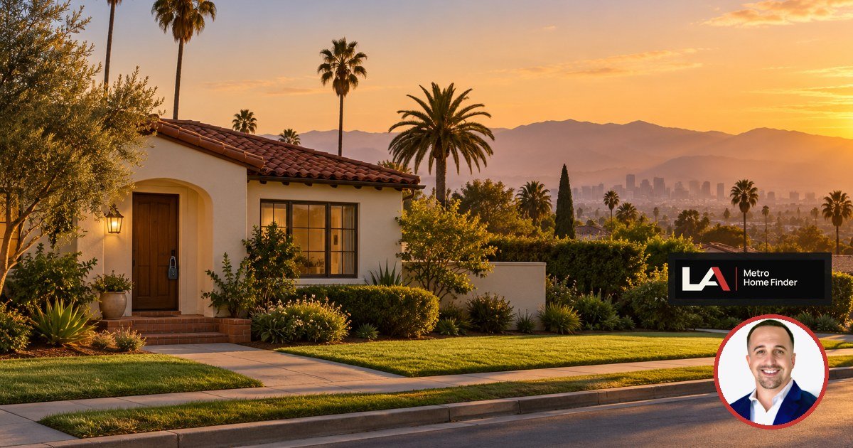 Los Angeles stucco house with a lockbox on the front door at golden hour