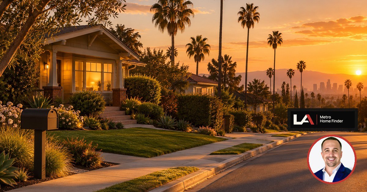 Los Angeles bungalow at dusk with a lit front window