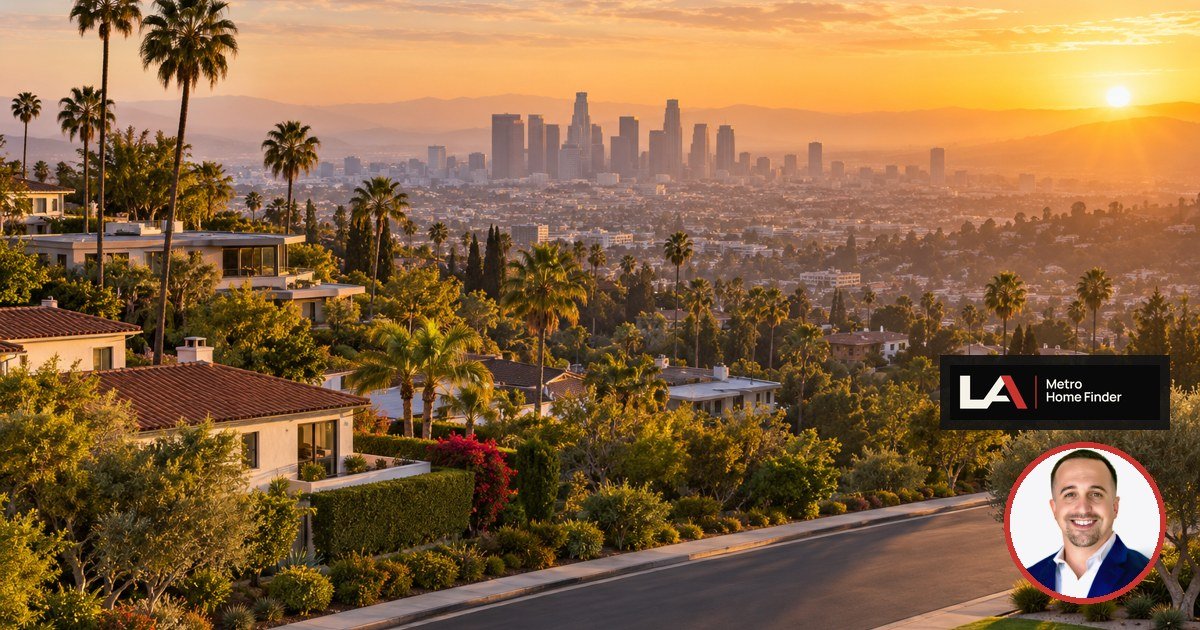 Los Angeles hillside rooftops at sunrise with downtown skyline