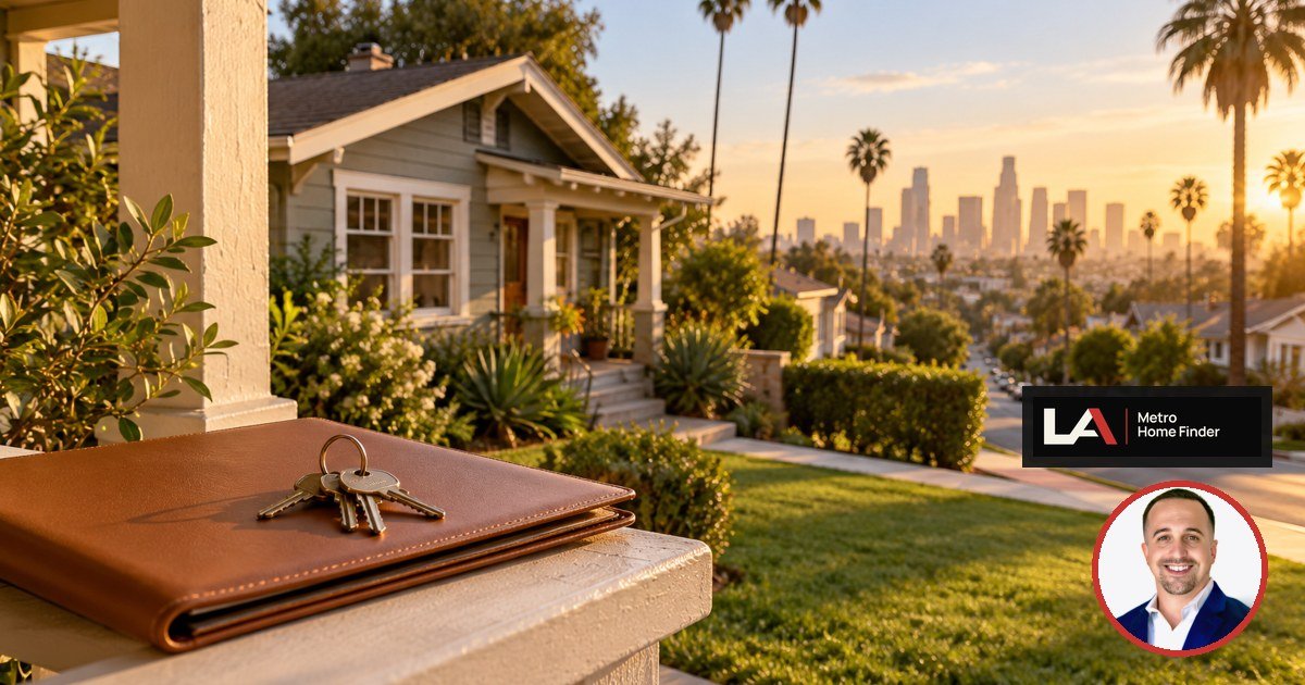 House keys on a folder in front of a Los Angeles bungalow