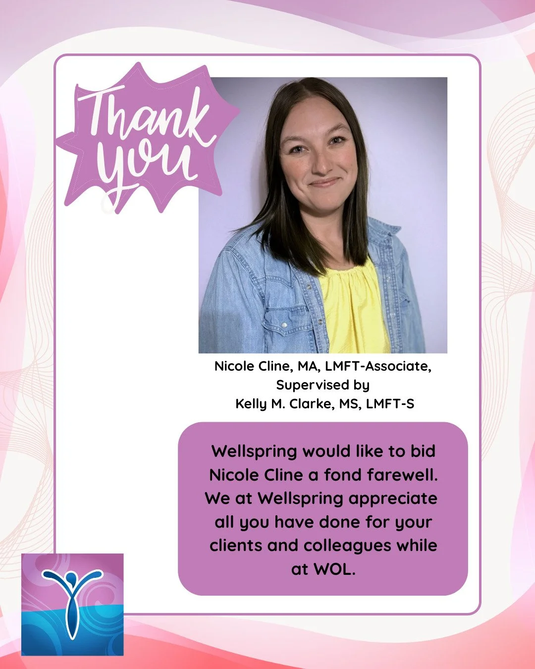 Appreciation post!!
Thank you for being apart of Wellspring Nicole! Wishing you the best in all of your endeavors!
#farewell #appreciationpost #counselor #wellspringoflifesa