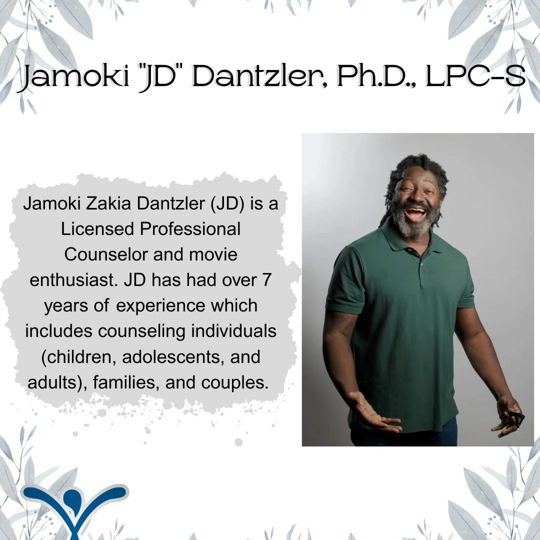 Hello everyone! The Counselor Spotlight for December is Jamoki "JD" Dantzler, Ph.D., LPC-S!

JD specializes in helping patients deal and cope with anxiety, depression, men&rsquo;s issues, trauma, PTSD, family issues, and grief and loss.

If