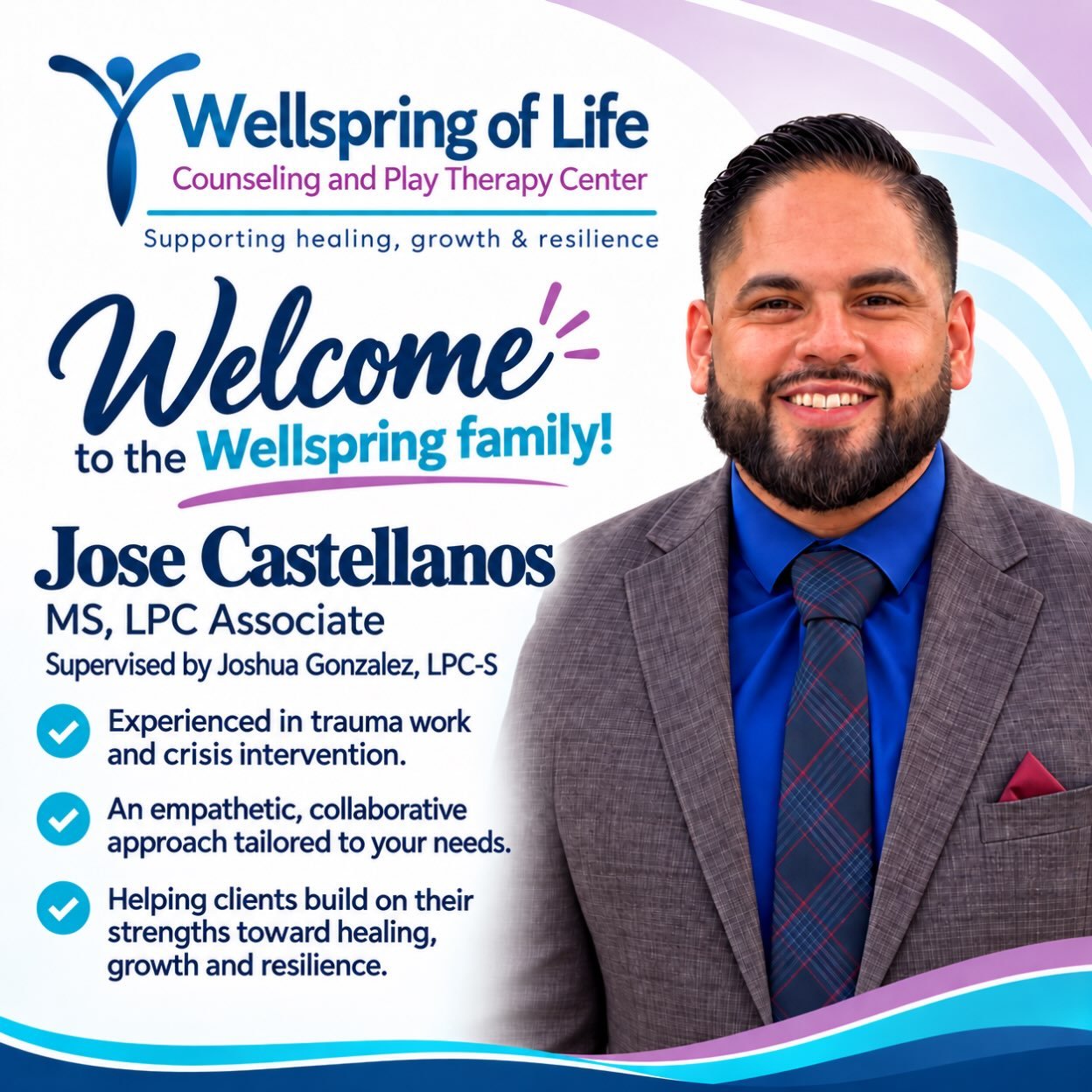 💙 Welcome Jose Castellanos, MS, LPC Associate, to the Wellspring family! Jose practices under the supervision of Joshua Gonzalez, LPC-S.

Jose brings experience in mental and behavioral health settings, including trauma work and crisis intervention.