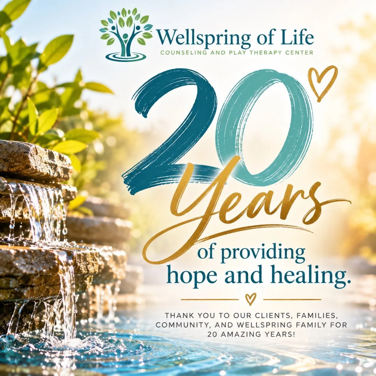 Happy 20th Anniversary to Wellspring of Life! 💜
20 years of providing hope and healing!
Today we celebrate two decades of compassion, connection, and making a difference in the lives of children, individuals, and families.
Thank you to our clients, 