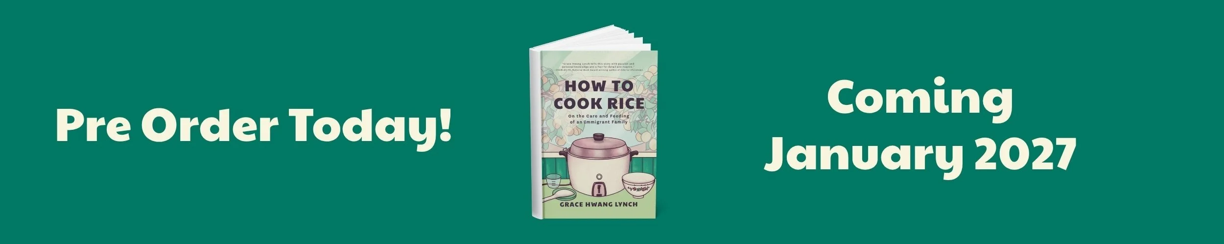 Green background with image of book and text Pre Order How to Cook Rice