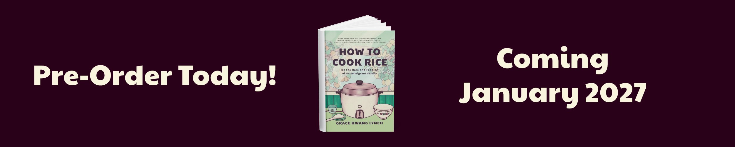 Brown graphic with How to Cook Rice book cover, Pre-Order Today Coming January 26