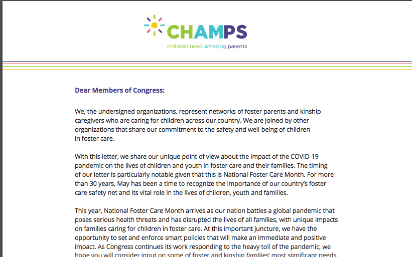 Letter from Foster and Kinship Families to Congress re COVID Pandemic