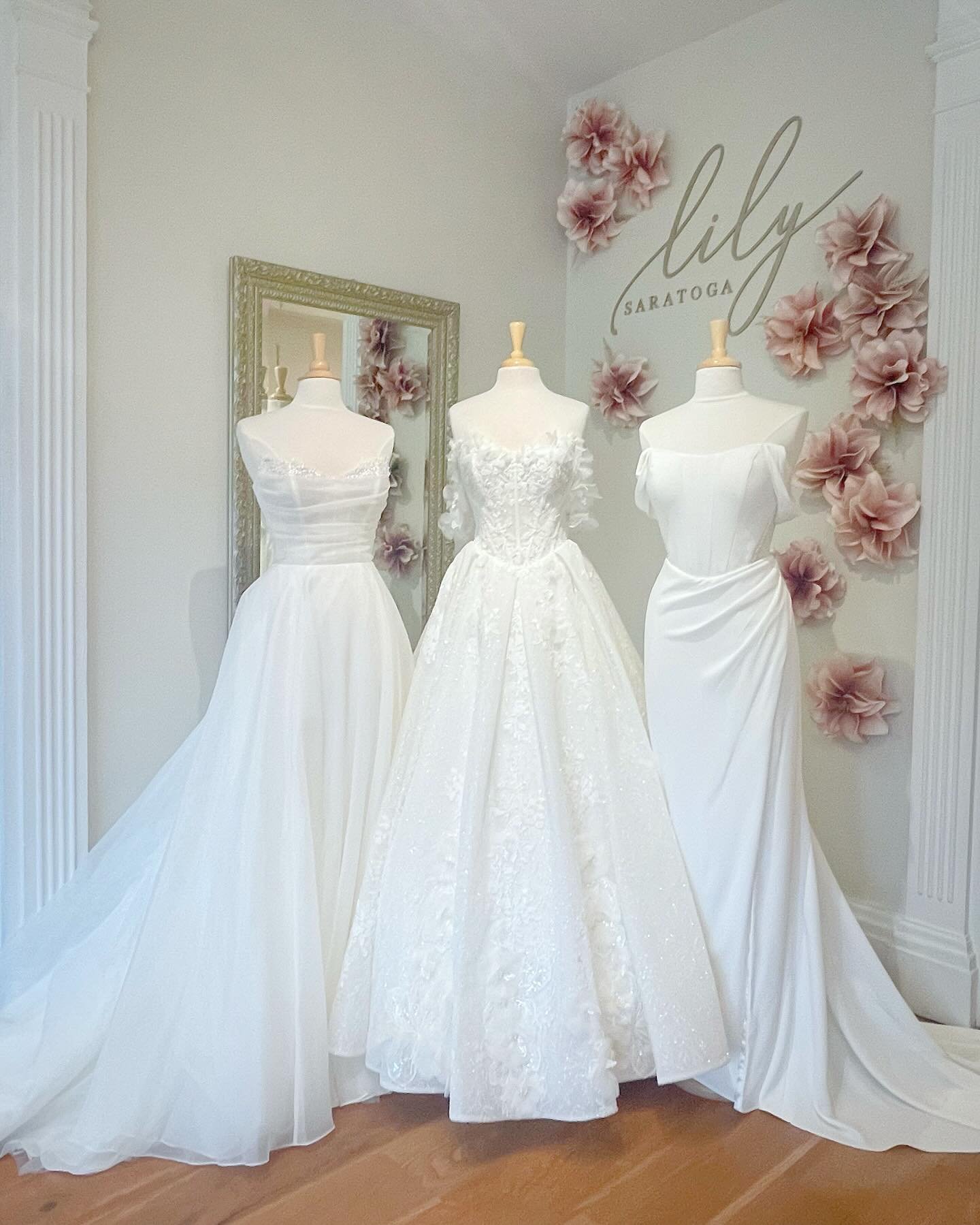 ✨🤍 This week&rsquo;s #windowwednesday is for today&rsquo;s fashion forward modern brides 🤍✨

(3) *brand* new styles for you to save and try at your upcoming bridal appointment! (Left) @essenseofaustralia D4124 A-Line Strapless Gown with illusion co