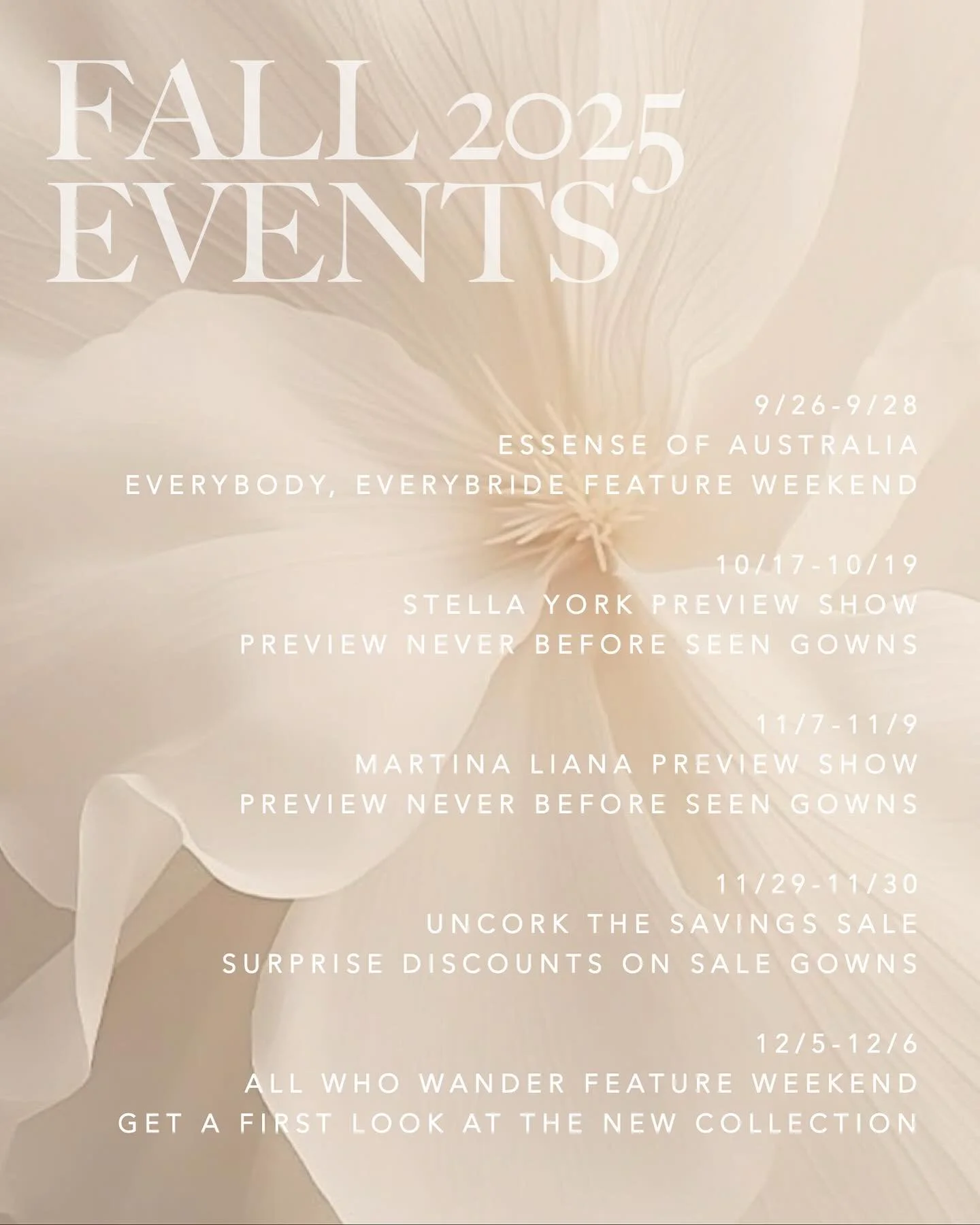 Check out our Fall Event Schedule at Lily&rsquo;s! 

Follow along with us for updates on each event as we get closer. 

Appointments are required and limited. Call/email to book now!

#bridetobe #weddinginspo #weddinggown #weddinggownshopping #bridal