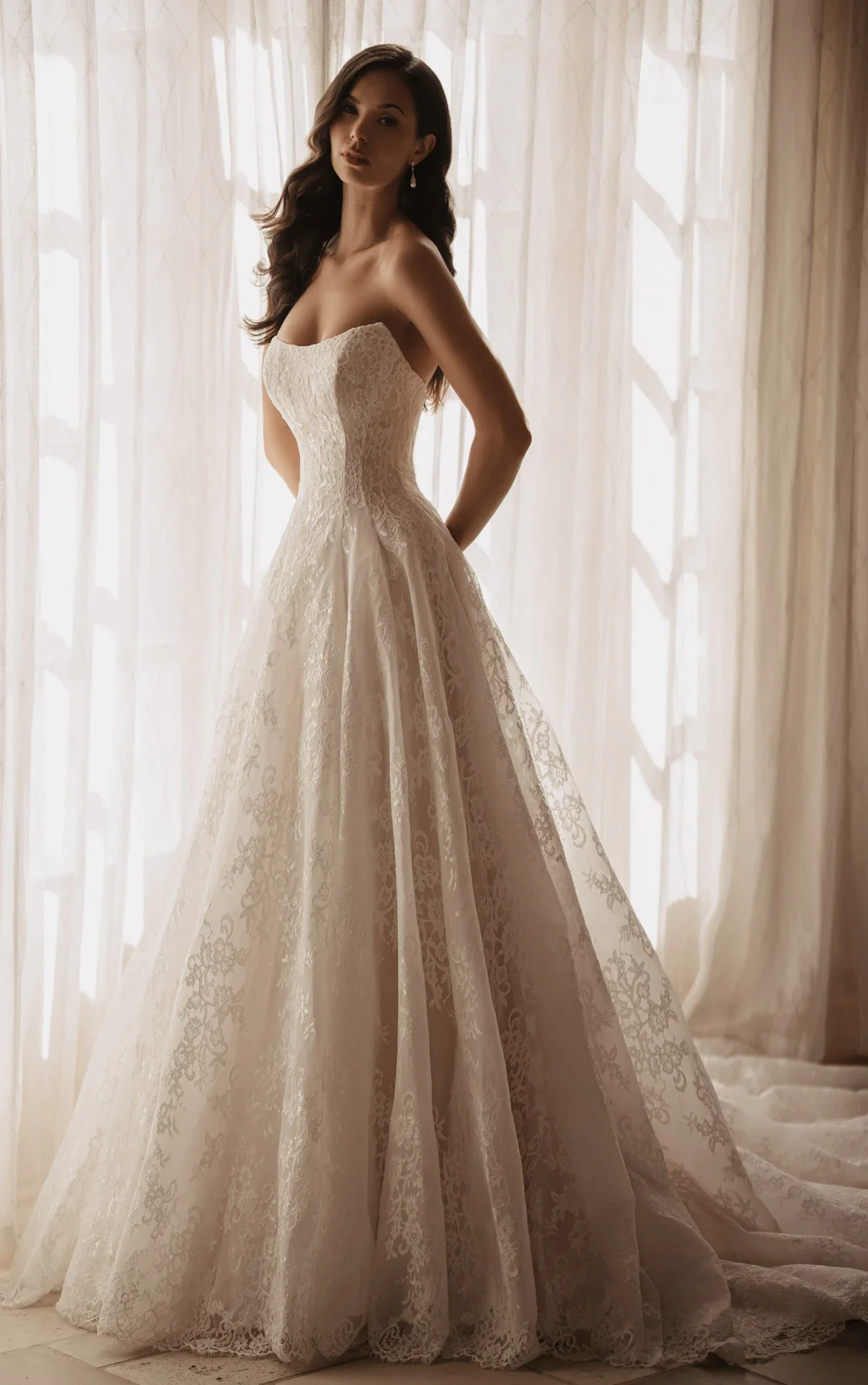 Bridal Model / Bride wearing Martina liana gown style ML2070  dress with a strapless drop-waist bodice flowing into an aline skirt fully fabricated in delicate Chantilly lace